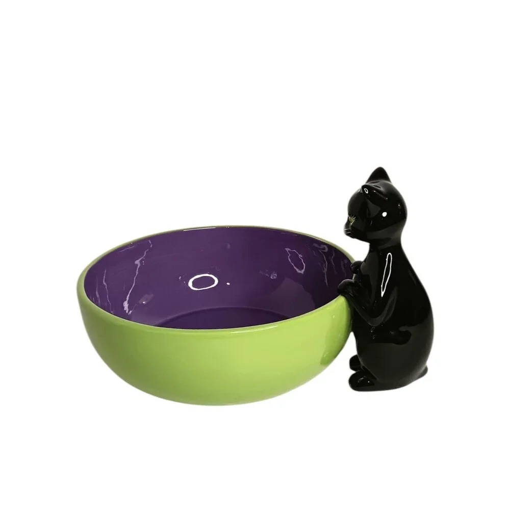 Halloween Black Cat Purple & Green Ceramic Candy Bowl By Harry & David VTG 2005